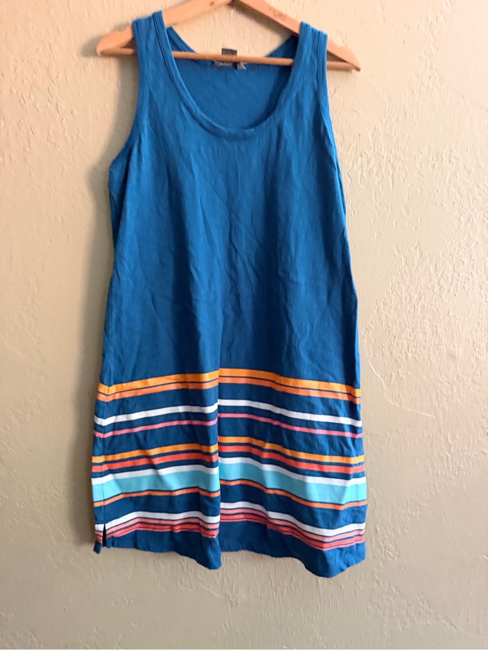 Natural Reflections Teal Tank Midi Oversized Dress with Multicolored Stripe Hem